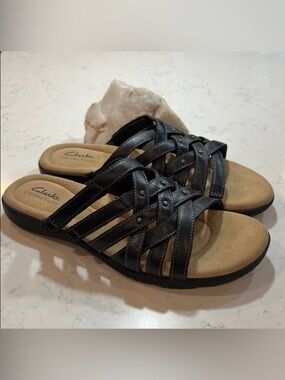 Clarks Black Leather Elizabelle Rio Slip on Sandal Size 8